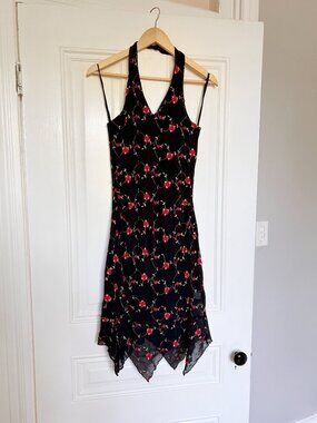 Vintage Y2K Black and Red Floral Mesh Halter Dress